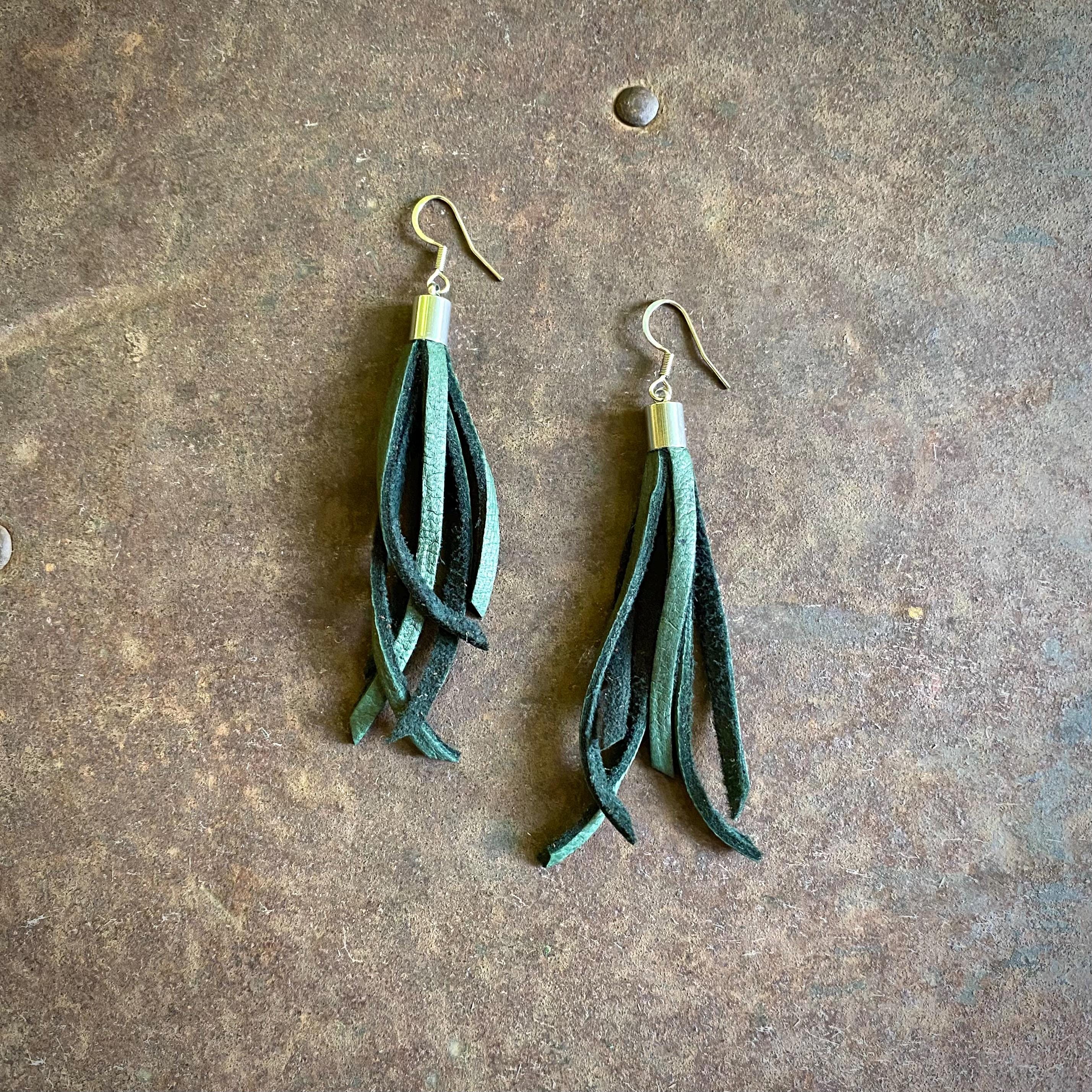 Hunter Green and Silver Leather Tassel Earrings, Short 