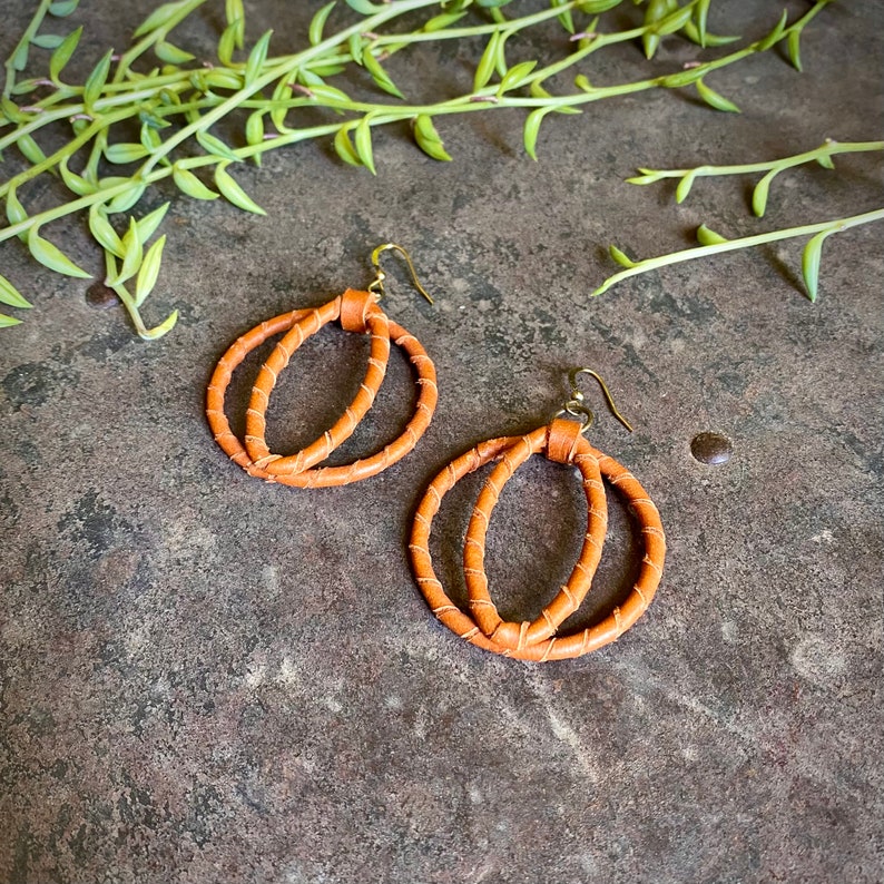 Rust Cat Eye Shape Earrings, Burnt Orange Leather Hoop Earrings, Saddletan Round Earrings, Cowgirl Earrings, Deerskin Leather Wrapped Hoops image 4