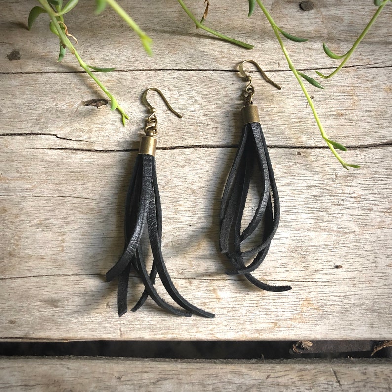 Biker Babe Black Dangle Earring Goth Leather Small Leather Earring Fringe Earring Tassel Black Tassel Earring Jet Black Earring