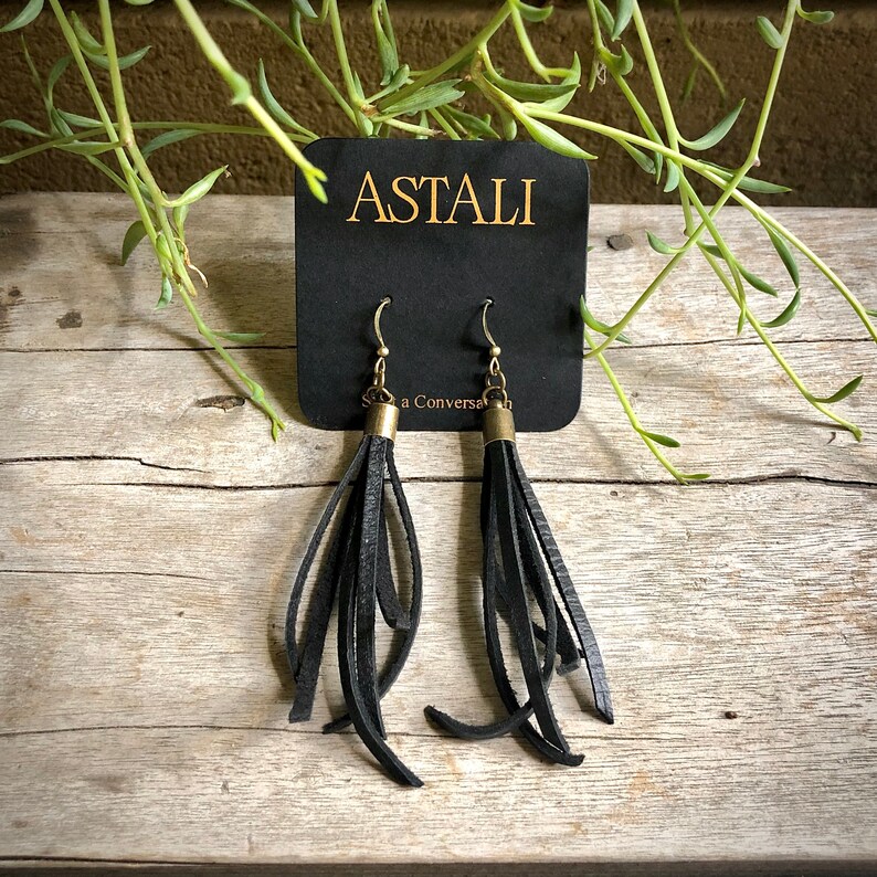 Biker Babe Black Dangle Earring Goth Leather Small Leather Earring Fringe Earring Tassel Black Tassel Earring Jet Black Earring