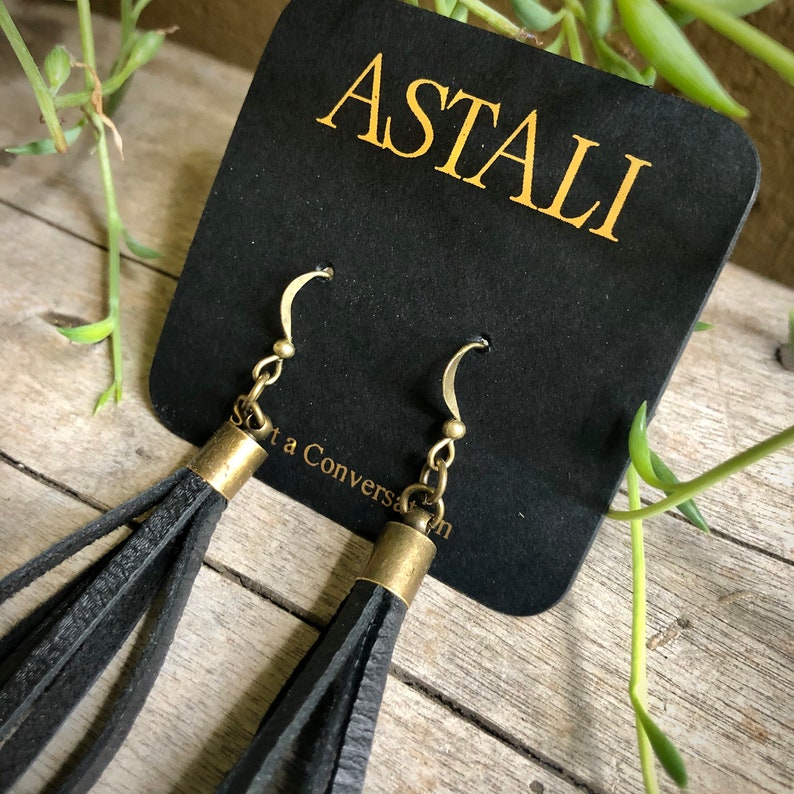 Biker Babe Black Dangle Earring Goth Leather Small Leather Earring Fringe Earring Tassel Black Tassel Earring Jet Black Earring