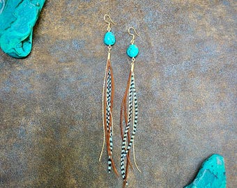 Lange oorbellen turkoois en veren, echte turkoois natuurstenen, boho western verenoorbellen, Southwestern, Burnt Orange en Turquoise