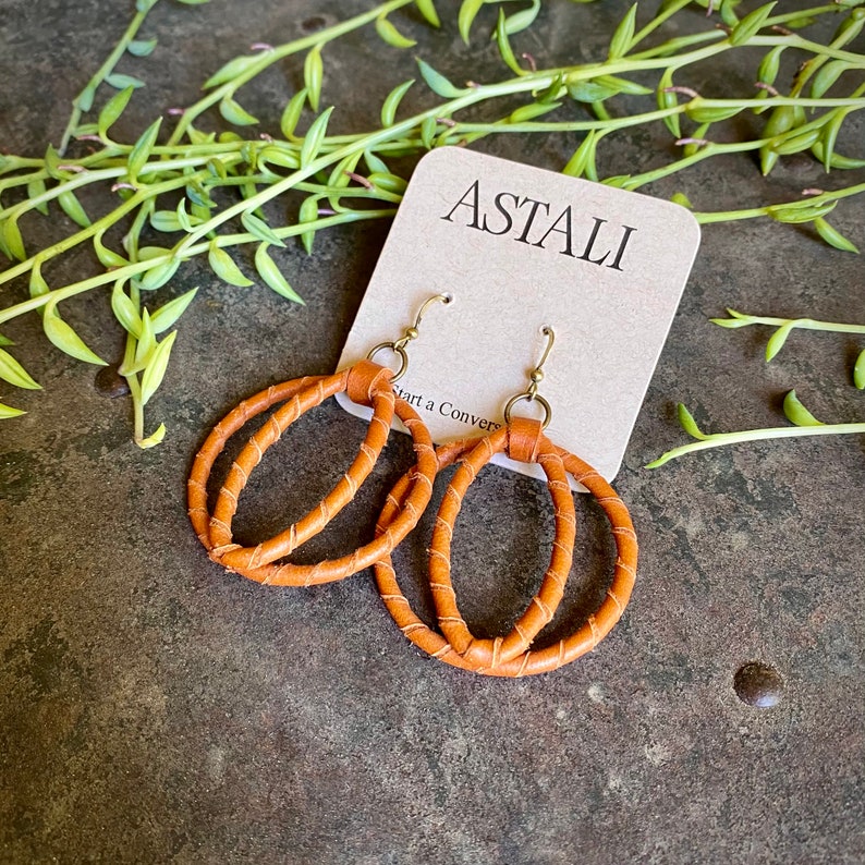 Rust Cat Eye Shape Earrings, Burnt Orange Leather Hoop Earrings, Saddletan Round Earrings, Cowgirl Earrings, Deerskin Leather Wrapped Hoops image 8