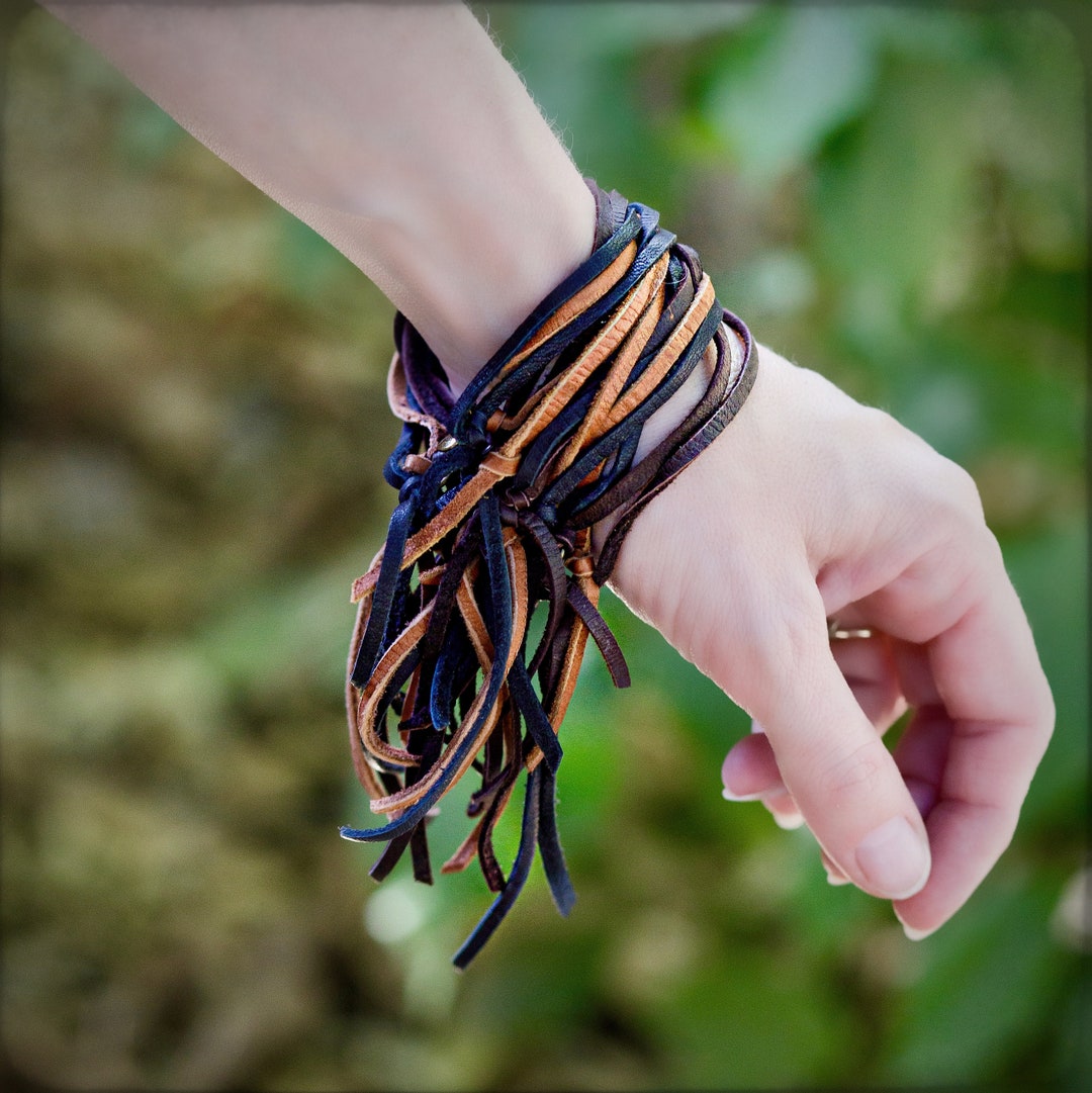 Leather Tassel Fringe, Leather Multi, Southwestern Bracelet, Tan