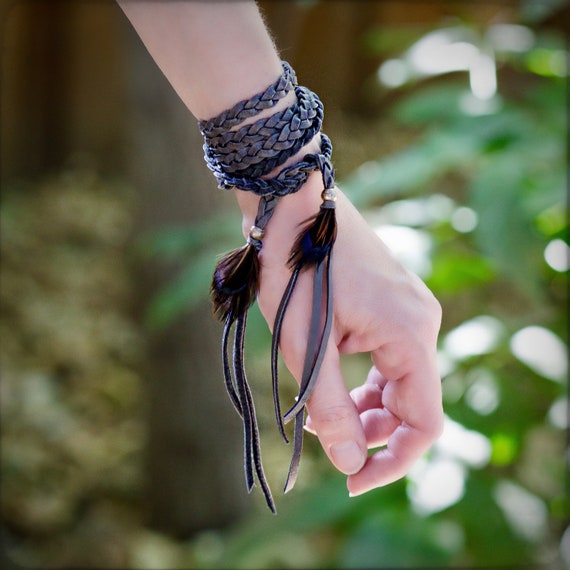 Gray Wrap Bracelet, Leather Wrap Boho, Gray Leather Bracelet, Leather Hat Band, Gypsy Headband, Leather Bracelet Gray, Charcoal Bracelet