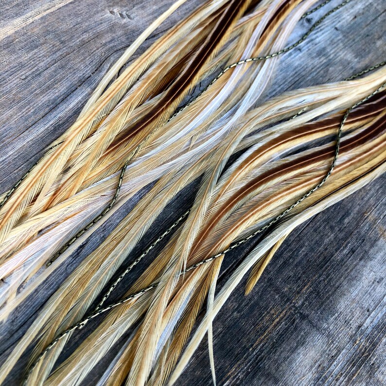 May include: A bundle of long, natural feathers in shades of brown, beige, and white, with a gold chain running through them. The feathers are arranged in a fan shape, with the tips of the feathers pointing to the right.