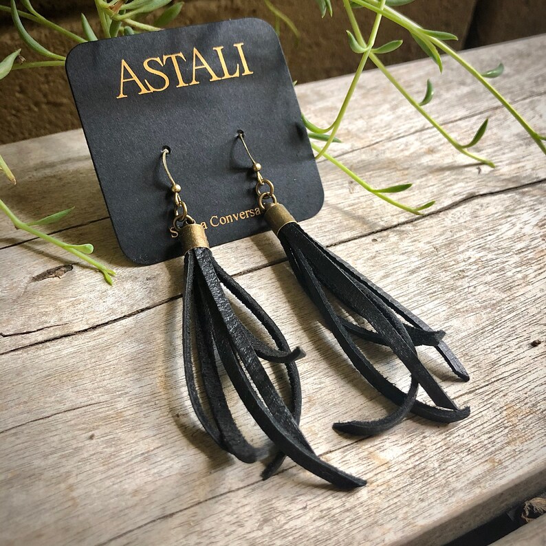 Biker Babe Black Dangle Earring Goth Leather Small Leather Earring Fringe Earring Tassel Black Tassel Earring Jet Black Earring