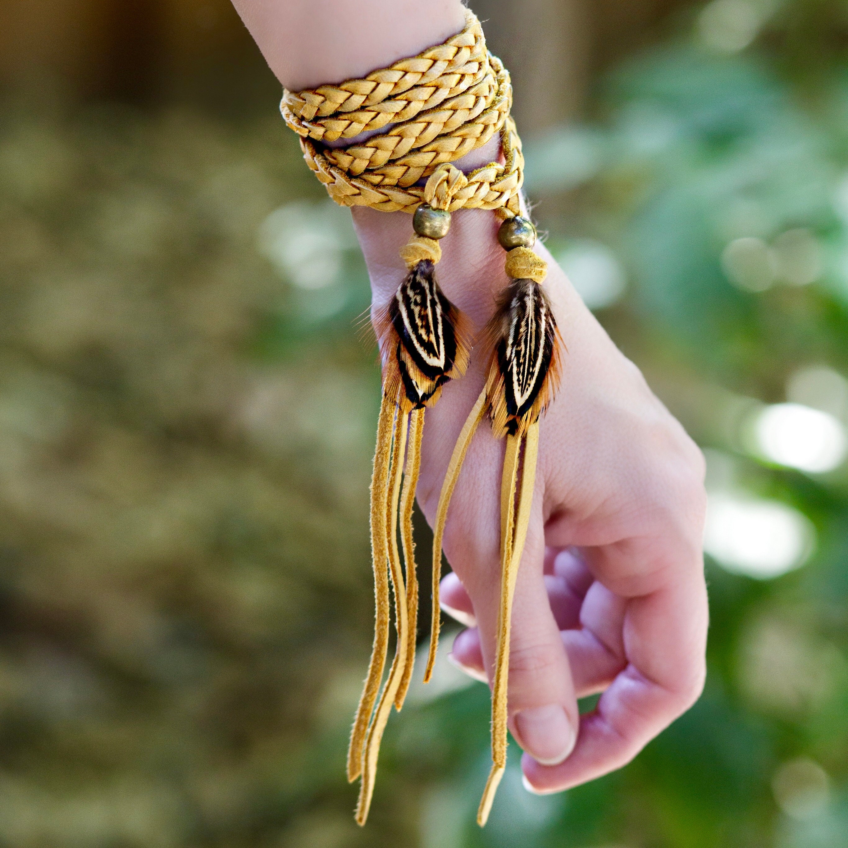 Gold Leather Bracelet, Headband Braided, Gold Wrap Bracelet  display picture 2