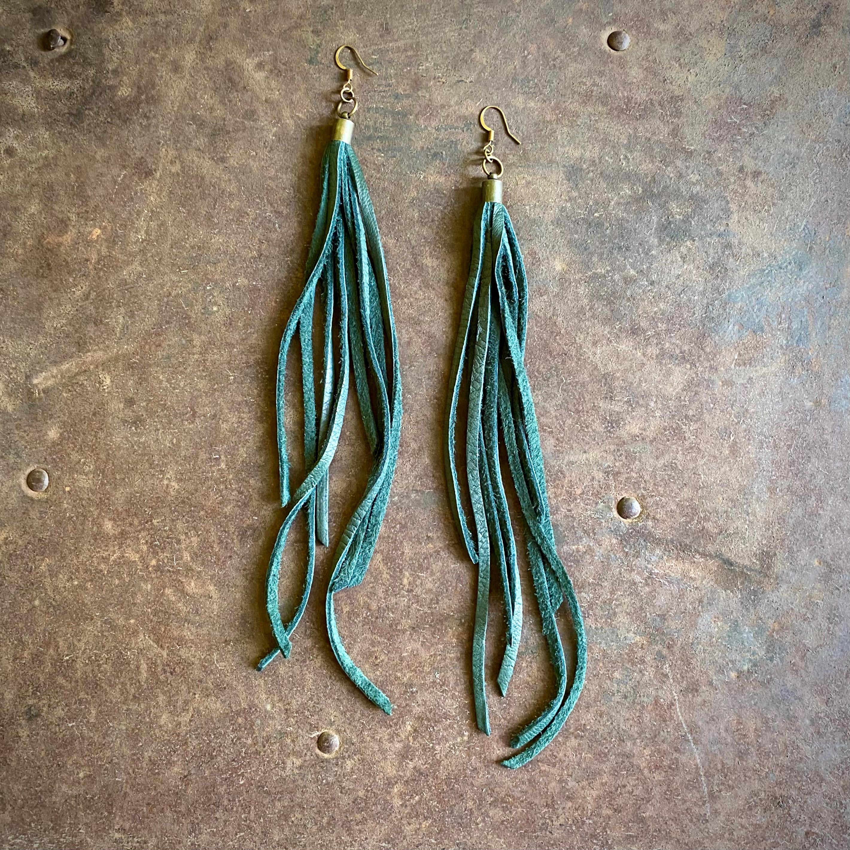 Hunter Green Fringe Tassel Handmade earrings Hunter Green Leather Tassel Earrings, Short Dangly Leather  main image 2