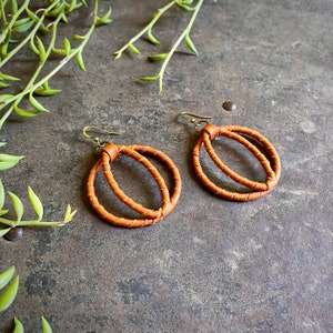 Rust Cat Eye Shape Earrings, Burnt Orange Leather Hoop Earrings, Saddletan Round Earrings, Cowgirl Earrings, Deerskin Leather Wrapped Hoops image 9