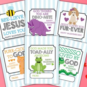 Könnte beinhalten: Eine Sammlung von Valentinstagskarten mit Tierillustrationen und Wortspielen. Die Karten zeigen eine Biene, einen Dinosaurier, einen Pudel, eine Katze, einen Frosch und eine Schlange, mit Sätzen wie "Bee-lieve Jesus Loves You" und "God Made You Toad-ally Awesome."