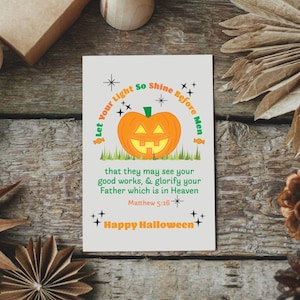 Jack-o-lantern traktatielabels voor christenen – Let Your Light Shine Favor Tag – Kaarten met bijbelteksten – Religieuze pompoencadeaukaartjes