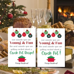 May include: Two identical Christmas-themed cards with the text "one minute you are Young & Fun the next minute you are getting excited about a Crock Pot Recipe!" and "Merry Christmas!". The cards are on a table with a Christmas tree, food, and a fireplace in the background.