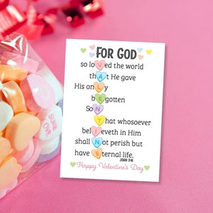 Cartes religieuses de la Saint-Valentin en forme de coeur de bonbon - Jean 3:16 - Étiquette de conversation en forme de coeur pour la Saint-Valentin - Étiquette d'église Écritures saintes et versets de la Bible Saint-Valentin
