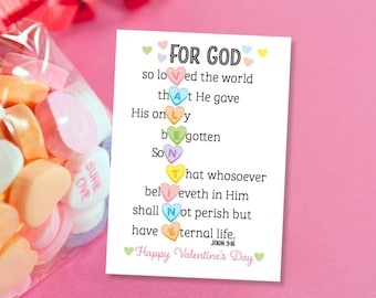 Religious Candy Heart Valentine Cards – John 3:16 – Conversation Heart Valentine's Tag – Church Tag ,, Scripture, Bible Verse Valentine