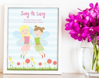 Fairy wall art, Sisters wall decor, kids printable art, sisters quote