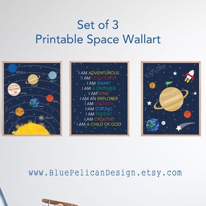 May include: Set of three printable space-themed wall art prints. The first print features a colorful illustration of the solar system with planets and stars on a dark blue background. The second print features a dark blue background with a rocket ship and the text "Explore". The third print features a dark blue background with the text "I am adventurous, I am confident, I am smart, I am a dreamer, I am kind, I am an explorer, I am enough, I am strong, I am patient, I am creative, I am a child of God".