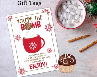 Etiquetas de regalo de chocolate caliente "Eres la bomba" - Imprimibles navideños (Descarga digital)