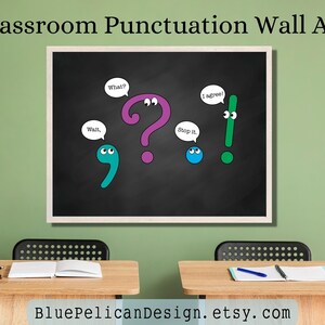 May include: Classroom wall art featuring punctuation marks with faces and speech bubbles. The punctuation marks include a comma, question mark, period, and exclamation point. The speech bubbles say "Wait", "What?", "Stop it", and "I agree!"