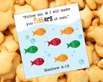 Gold Fish – Fisher of Men Church Tag – Printable Religious Card – Christian, Scripture, Bible Verse Valentine – Ministering Primary Gift