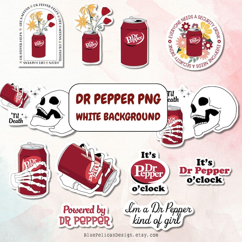 May include: A set of Dr Pepper themed stickers featuring a variety of designs, including a can of Dr Pepper with flowers, a skull holding a can of Dr Pepper, and a can of Dr Pepper with the text "It's Dr Pepper o'clock".