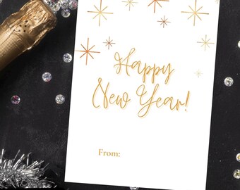Etiqueta de regalo de Nochevieja 2026 en dorado brillante, etiqueta para botella de vino (descarga instantánea)