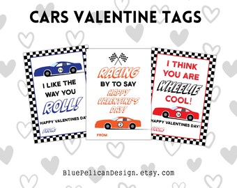 May include: Three printable Valentine's Day gift tags featuring a checkered background and cartoon race cars. The text on the tags reads "I like the way you roll!", "Racing by to say Happy Valentine's Day!" and "I think you are wheelie cool!"
