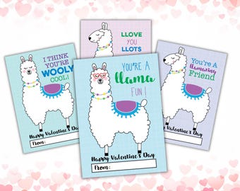 Llama Valentine Cards, Printable Classroom Gift Tags (PDF, JPG)