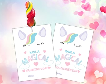Może przedstawiać: Dwie drukowane etykiety walentynkowe z jednorożcem z tęczową grzywą i tekstem "Have a Magical Valentine's Day".