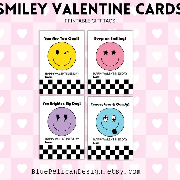 Retro Valentine Cards – Smiley Valentine Tags – Boys Valentines – Cool Valentine – Classroom Valentine Party Favor Tag – Printable Gift Tags