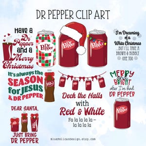 Lot de cliparts joyeux Noël Dr Pepper – Emballage PNG en canette de soda des Fêtes – Images de restauration rapide – Idées de créations pour les Fêtes sur la dépendance à la caféine
