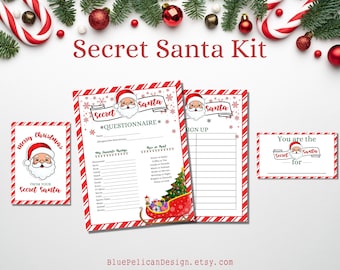 May include: A printable Secret Santa kit with a red and white candy cane pattern. The kit includes a questionnaire, a sign-up sheet, and a tag that says "You are the Secret Santa for".