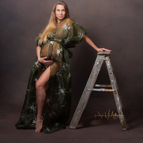 Maternity Tulle Floral Flower Hand Painted Gown Dress Skirt Kimono Photoshoot Session Olive Green See Through Caftan Tunic Robe Mesh Organza
