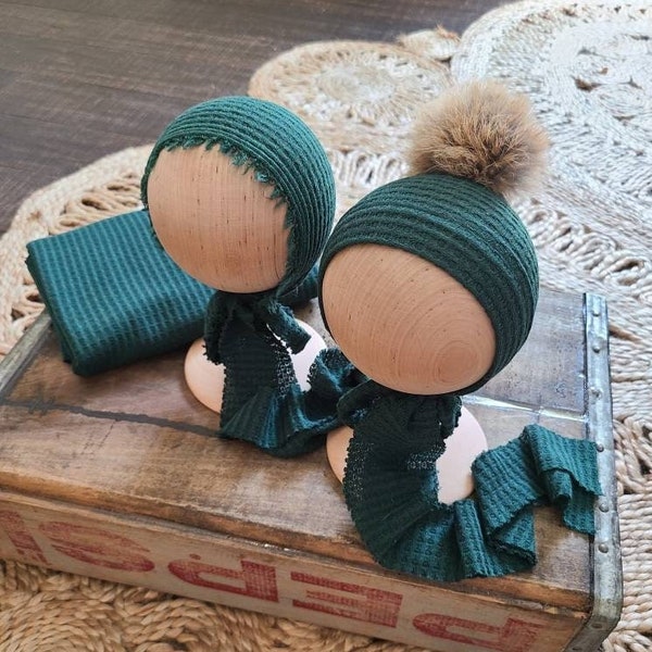 Newborn Bonnet Emerald Set Green Stretch Knit Waffle Wrap Neutral Baby Boy Girl Unisex Lace Photography Prop Fur Pompom