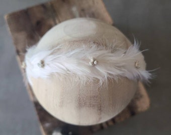 White Feather BOHO Halo Newborn Baby Crown Headband Rustic Silver Tieback Girl Toddler Christening Neutral  Natural Photo Prop Bohemian