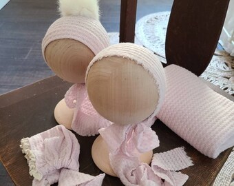 Newborn Bonnet Set Stretch Knit Waffle Wrap Headband Light Pink Baby Girl Lace Photography Prop
