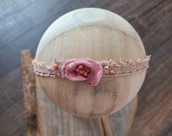 Lace Newborn Headband Pink Flower Floral Girl Rustic Toddler Tieback Neutral Natural Beaded Baby Shower Boho Summer Spring  Photo Prop