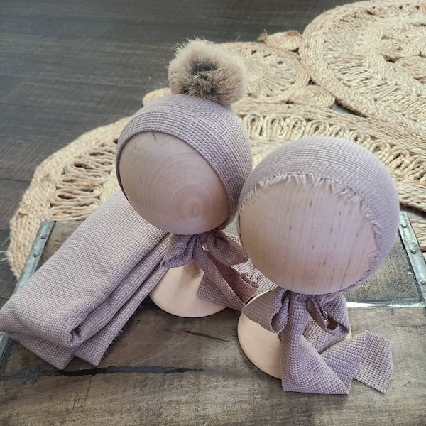 Newborn Bonnet Taupe Set Beige Stretch Knit Waffle Wrap Neutral Baby Boy Girl Unisex Lace Photography Prop Fur Pompom