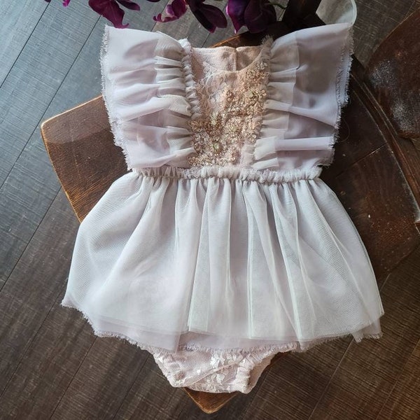 BOHO Girl Baby Dress Romper Tunic Vintage Cake Smash Outfit gray & pink Lace Beaded Embroidered Toddler Photo Session Shoot Photography