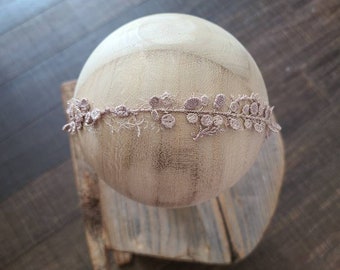 Lace BOHO Embroidered Floral Newborn Halo Flower Bohemian Baby Crown Fall Beige Baptism Christening Headband Tieback Toddler Neutral Natural