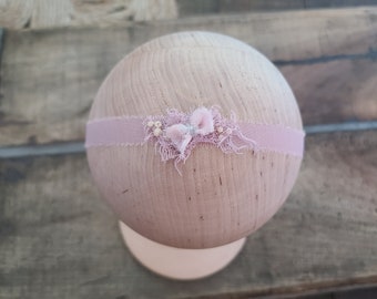 BOHO Newborn Headband Beaded Lace Pink Dainty Bow Baby Crown Halo Delicate Tieback Girl Toddler Neutral Natural Floral chiffon Bohemian