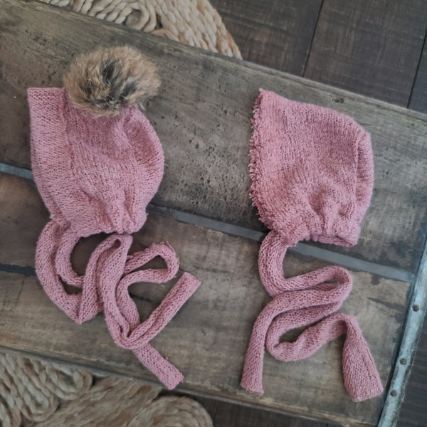 Newborn Pink Bonnet Set Stretch Knit Waffle Wrap Rose Ash Neutral Baby Boy Girl Unisex hat Prop Fur Pompom