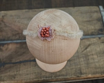 BOHO Newborn Headband Beaded Lace Pink Dainty Baby Crown Halo Delicate Tieback Girl Toddler Neutral Natural Floral chiffon Bohemian Mohair