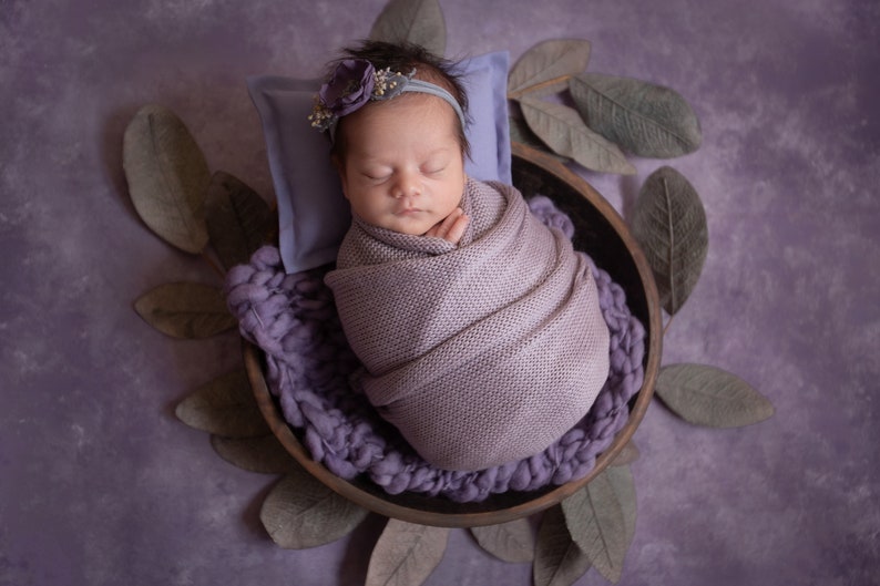 Newborn Rustic Floral Headband Purple Flower Baby Girl Tieback Violet Mauve Natural BabyShower Gift Fall Summer Spring Toddler Photo Prop 36