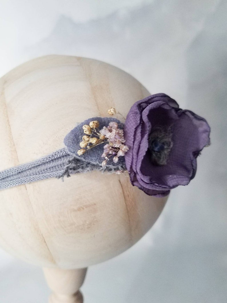 Newborn Rustic Floral Headband Purple Flower Baby Girl Tieback Violet Mauve Natural BabyShower Gift Fall Summer Spring Toddler Photo Prop 36