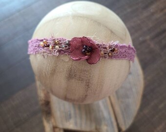 Dainty BOHO Lace Newborn Headband Bohemian Neutral Flower Girl Pink Brown Rustic Toddler Tieback Baby Neutral Natural Beaded Delicate