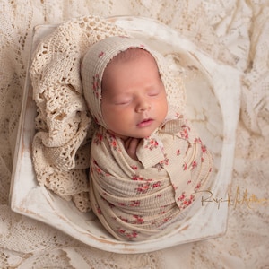 Newborn Bonnet Boho Set Stretch Knit Wrap Headband Light Cream Yellow Floral Flower Country Chic Fringe Baby Girl Lace Pom Photography Prop