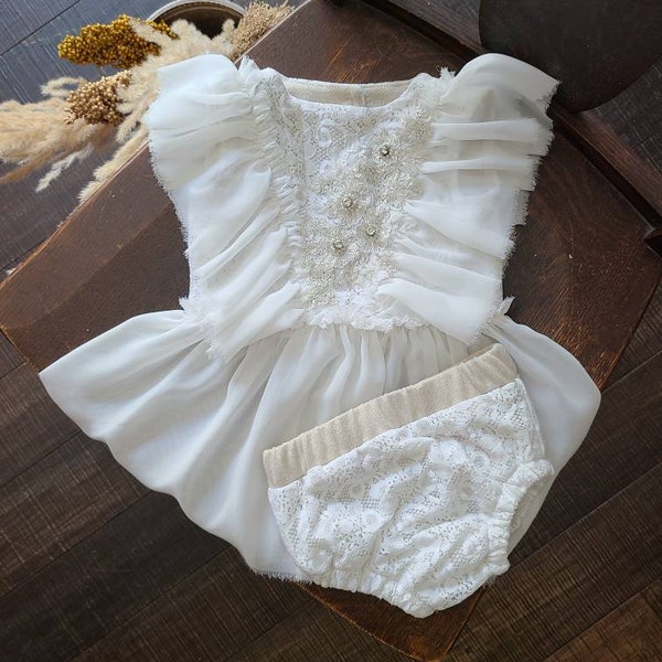 Girl Dress Romper Tunic Vintage Cake Smash Outfit Boho Baby White Lace Beaded Embroidered Toddler Photo Session Shoot Photography Antique