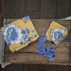 Newborn Bonnet Fringe Set Stretch Knit Waffle Wrap Floral Flower Light Blue Yellow Neutral Baby Girl Lace Peach Curl Curly Velvet Set Jersey