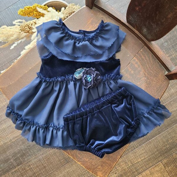 BOHO Girl Baby Dress Romper Tunic Vintage Cake Smash Outfit Blue Velvet Lace Beaded Embroidered Toddler Photo Session Shoot Photography